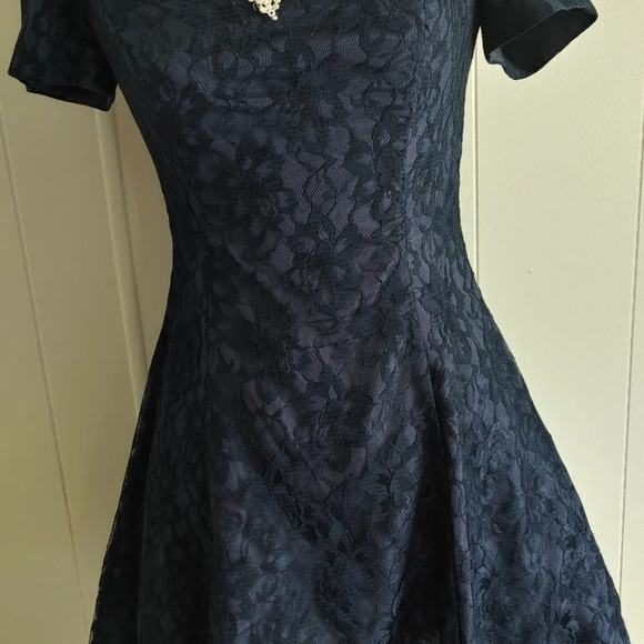 Vtg 80s Navy Lace Scalloped Evening Wedding Prom Cocktail Full Skirt Dress S - Picture 2 of 8